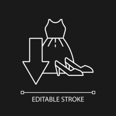 Cut down purchasing of clothes white linear icon for dark theme. Avoid overconsumption. Thin line illustration. Isolated symbol for night mode. Editable stroke. Arial font used for dark theme