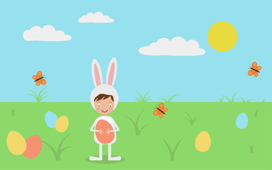 boy easter bunny with easter eggs