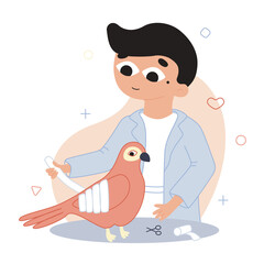 Vector flat cartoon illustration. The doctor treats a parrot. The veterinarian bandages the birds wing.