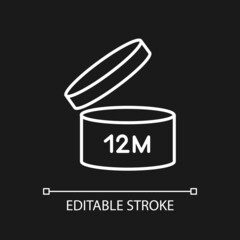 Jar with expiry date white linear icon for dark theme. Skin care products shelf life. Beauty products. Thin line illustration. Isolated symbol for night mode. Editable stroke. Arial font used