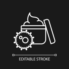 Expired skin care product white linear icon for dark theme. Contains toxins. Spoiled cream leads to irritation. Thin line illustration. Isolated symbol for night mode. Editable stroke. Arial font used