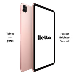 tablet pink color with blank touch screen saver and backside view isolated on white background. mockup of realistic and detailed device. vector 3d isometric illustration