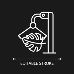 Genetically modifying houseplant white linear icon for dark theme. Genetically engineered monstera. Thin line illustration. Isolated symbol for night mode. Editable stroke. Arial font used