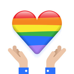 Two Hands Hold Pride Heart on Hand Isolated Love Peaceful Caring lgbtqia Equality Concept Cartoon Vector 3d reflect Illustration