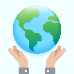Two Hands Hold World Earth Day Caring Planet on Hand Isolated Eco Sustainability Responsibility Concept Cartoon Vector 3d reflect Illustration