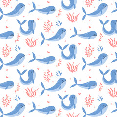 Seamless pattern with cute blue whales and seaweeds. Children's hand-drawn pattern. Vector pattern with sea animals.