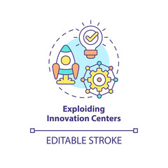 Exploding innovation centers concept icon. Technology startups. Trends in enterprise abstract idea thin line illustration. Isolated outline drawing. Editable stroke. Arial, Myriad Pro-Bold fonts used