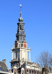 Obraz premium Amsterdam Historic Zuiderkerk Church Tower Close Up with Blue Sky, Netherlands