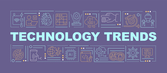 Current trends in technology word concepts purple banner. Digital industry. Infographics with icons on color background. Isolated typography. Vector illustration with text. Arial-Black font used