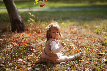Little beautiful girl portrait in autumn street. Happy smart small girl in autumn park
