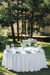 Preparing for an open-air party. Decorated served tables await guests. Decoration Details