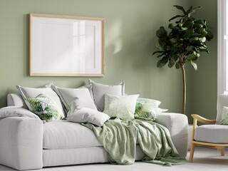 Horizontal frame mockup in modern living room interior, poster mockup, 3d render
