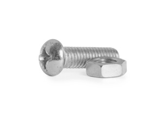 Metal carriage bolt and hex nut on white background