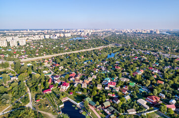 Aerial view of houses at the Dnieper riverside in Kiev, the capital of Ukraine before the war with Russia