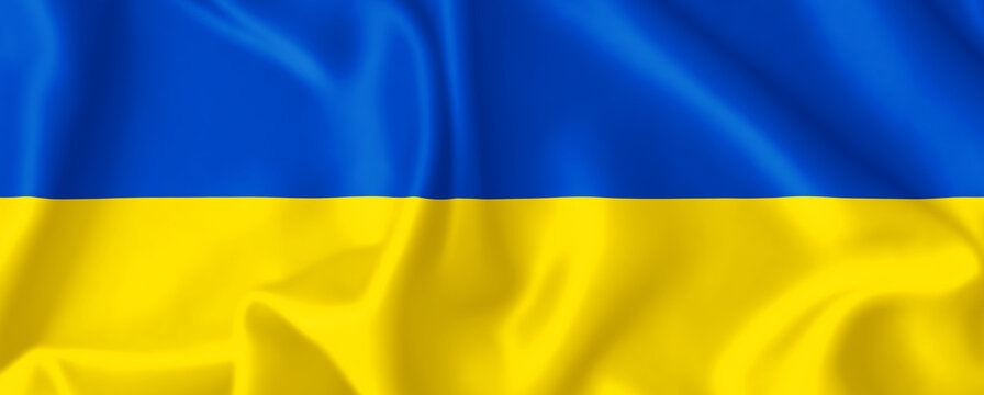 Bandiera dell'Ucraina ondulata con effetto seta e texture lucida con spazio per il copy