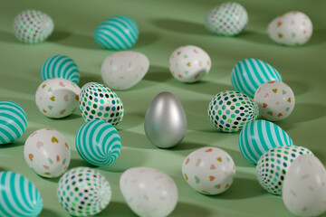 Colored Easter eggs surrounding silver egg on green background. 3d render