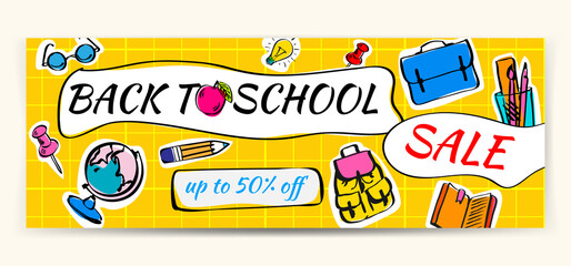 Back to school Sale doodles horizontal background. Vector illustration for banners invitation and website