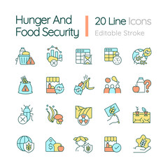 Hunger and food security RGB color icons set. Nutrition availability and access. Isolated vector illustrations. Simple filled line drawings collection. Editable stroke. Quicksand-Light font used