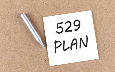 529 PLAN text on sticky note on cork board with pencil ,