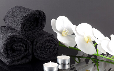 Black spa setting with black towels, white orchids on the black background. Spa concept