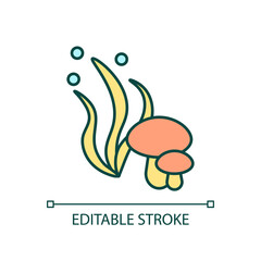 Alternative products RGB color icon. Mushrooms and seaweed. Vegetarian dieting. Vegan food. Isolated vector illustration. Simple filled line drawing. Editable stroke. Arial font used