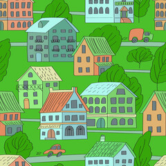 Summer city seamless pattern. Cute houses, roads, cars, trees, grass areas background in town. Doodle style with black stroke. 
