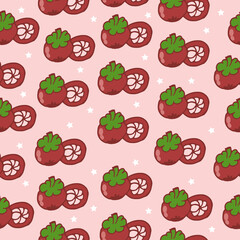 mangosteen fruit illustration with white stars on pink background. hand drawn vector. seamless pattern with mangosteen. fresh fruit background. wallpaper, wrapping paper and gift, backdrop, textile. 