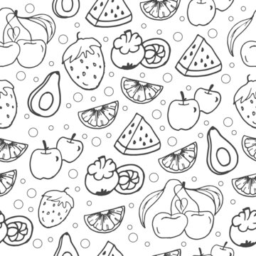 sketch of fruits icon isolated on white background. black and white colors. hand drawn vector. seamless pattern with tropical fruit illustration. wallpaper, wrapping paper and gift, fabric, textile. 