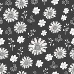 vintage background. seamless pattern with blooming flower with leaves illustration on grey background. hand drawn vector. wallpaper, wrapping paper and gift, backdrop, fabric, textile. nostalgia theme