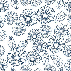 chamomile flower with leaf illustration on white background. hand drawn vector. blue outline, monochrome style. seamless pattern with flower and leaf. wallpaper, wrapping paper and gift, fabric. 