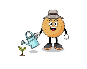 Illustration of biscuit round cartoon watering the plant