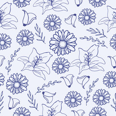 retro flower background. seamless pattern with lily and chamomile flowers with leaf illustration isolated on blue background. hand drawn vector. wallpaper, wrapping paper and gift, fabric, textile. 