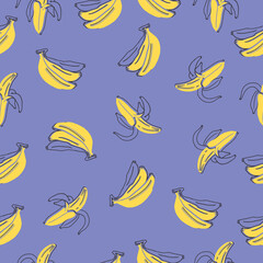 banana fruit illustration on blue background. hand drawn vector. yellow color, tropical fruit. seamless pattern with banana. doodle art for wallpaper, wrapping paper and gift, fabric, textile, cover. 