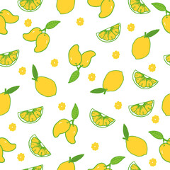 sweet and sour fruit icon. seamless pattern with lemon and mango fruits illustration on white background. hand drawn vector. yellow bright color. wallpaper, wrapping paper and gift, fabric, textile. 