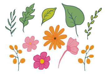 collection of floral pattern on white background. green foliage with colorful flower illustration. hand drawn vector. set of wedding ornament. doodle art for poster, banner, sticker, clipart, card. 