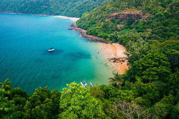 Tropical Jungle Beach in Sri Lanka. Aerial view of Exotic Costline and Rainforest. Paradise Beach.