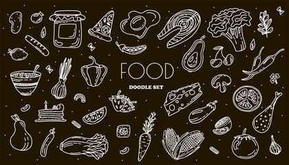 Vector Food Doodle Icons. Hand Made Line Art set. Menu Restaurant. Sketch illustration of healthy food. Logotype Symbol Design