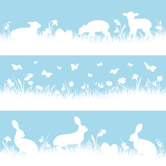 Obraz premium 3 Blaue Osterbanner Schafe und Hasen Wiese Himmel