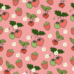 strawberry garden. red and green strawberry with flower illustration on pink background. hand drawn vector. seamless pattern with strawberry fruit. wallpaper, wrapping paper and gift, fabric, textile.