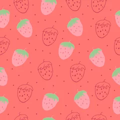 Rollo cute strawberry fruit illustration on pink background. hand drawn vector. doodle art for wallpaper, wrapping paper and gift, backdrop, fabric, textile. seamless pattern with strawberry. fresh fruit.  © siarifzen