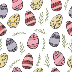 easter background. seamless pattern with colorful easter egg and leaf illustration on white background. hand drawn vector. doodle art for wallpaper, wrapping paper and gift, backdrop, fabric, textile.