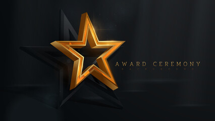 3d gold star with glitter light effect element and bokeh decoration and beam. Luxury award ceremony background.