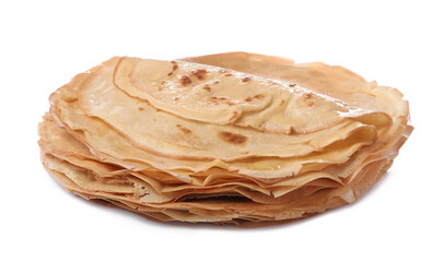 Stack of delicious crepes on white background