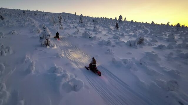 Aerial drone view tracking snow sleds climbing a steep fell, winter sunset in Lapland