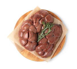 Fresh raw kidney meat with rosemary on white background, top view