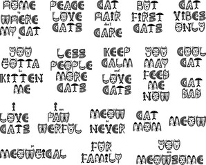 Funny cat quotes, Lettering set with funny sayings. Vector illustration.