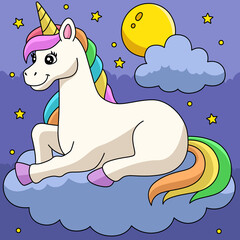 Unicorn Laying On The Cloud Colored Cartoon 