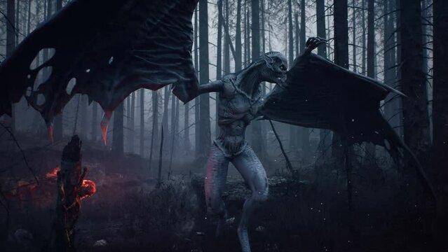 A creepy vampire stands in the middle of a burnt-out, mysterious forest. Concept of a fairy tale creature from a dark forest. The animation is perfect for spooky, fantastical and fairytale backgrounds