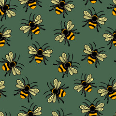 Vector seamless pattern with honey bee. For printing on fabrics, paper, textiles, decorative pillows.