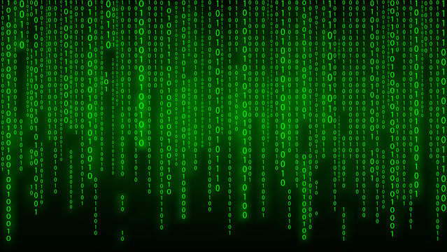 Matrix on vector background. Binary code. Green falling numbers on a dark background. Cyborg programming and hacking concept.
